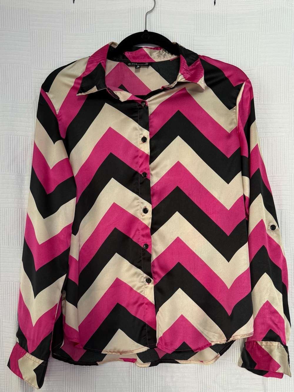 Bold Chevron Button-Up Shirt in Hot Pink, Black & Cream